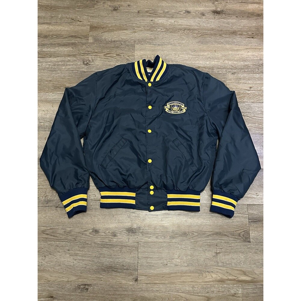 Vintage Holloway Satin‎ Bomber Jacket Navy 80s L USA Made
